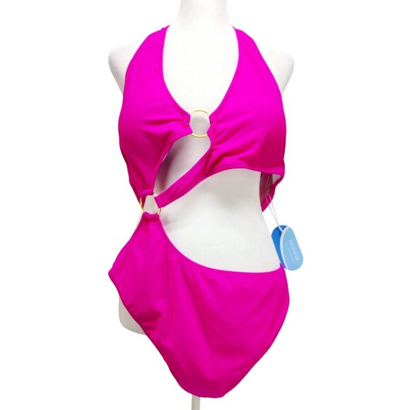 Hot Pink Cutout One-Piece Swimsuit Gold Ring Halter Neck Tie Size XXL New - Picture 3 of 13